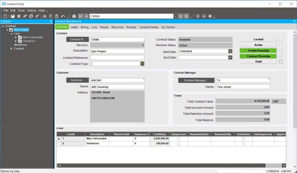 Epicor Advanced Projects module contract summary dashboard