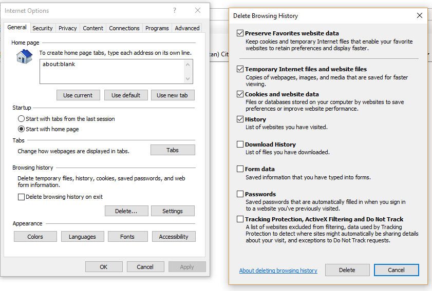 clear browsing history on microsoft edge or internet explorer browsers