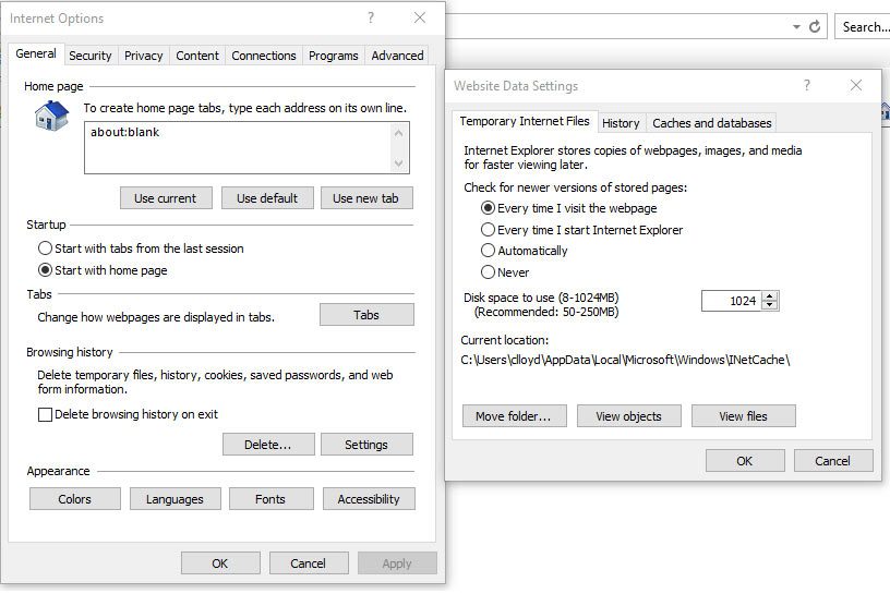 website data settings for microsoft edge or internet explorer browsers
